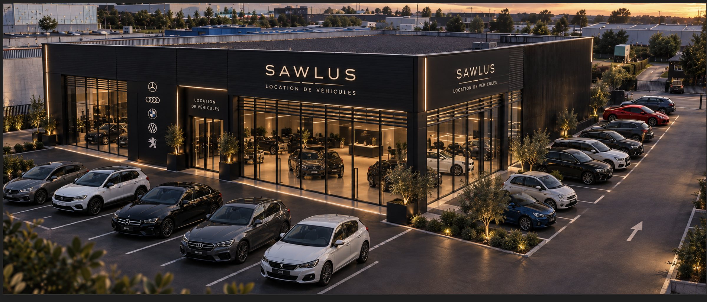 Agence de location de véhicules SAWLUS à la tombée du jour, sa flotte alignée sur le parking