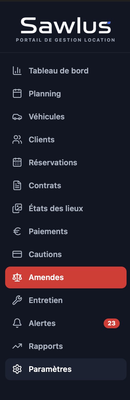 Menu de navigation SAWLUS : véhicules, clients, réservations, contrats, paiements, amendes